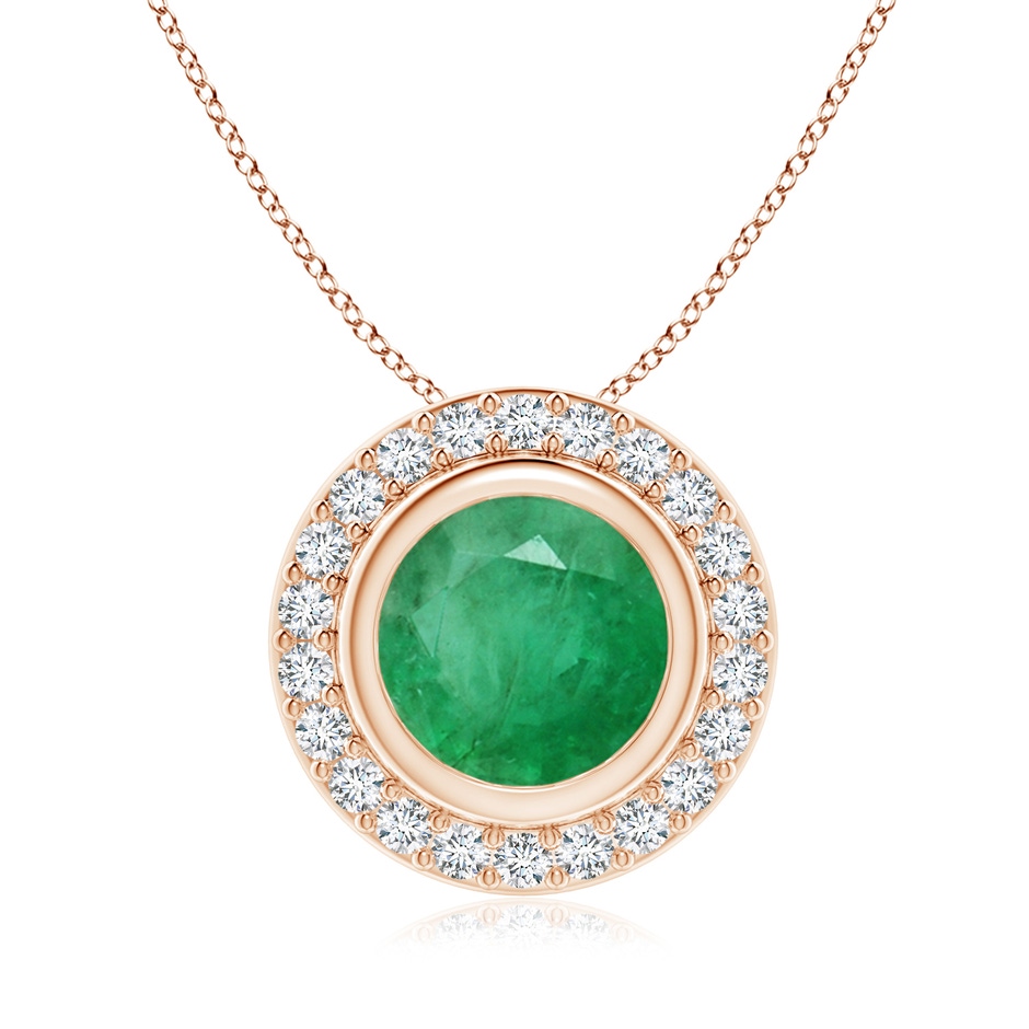 8mm A Round Bezel-Set Emerald Pendant with Diamond Halo in Rose Gold 