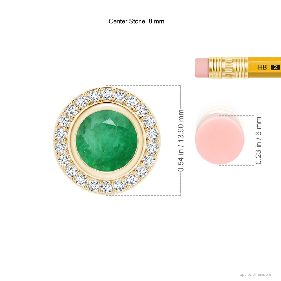 8mm A Round Bezel-Set Emerald Pendant with Diamond Halo in Yellow Gold ruler