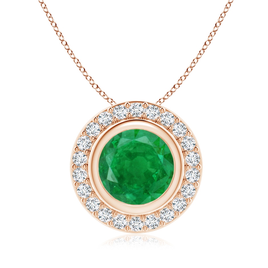 8mm AA Round Bezel-Set Emerald Pendant with Diamond Halo in Rose Gold 