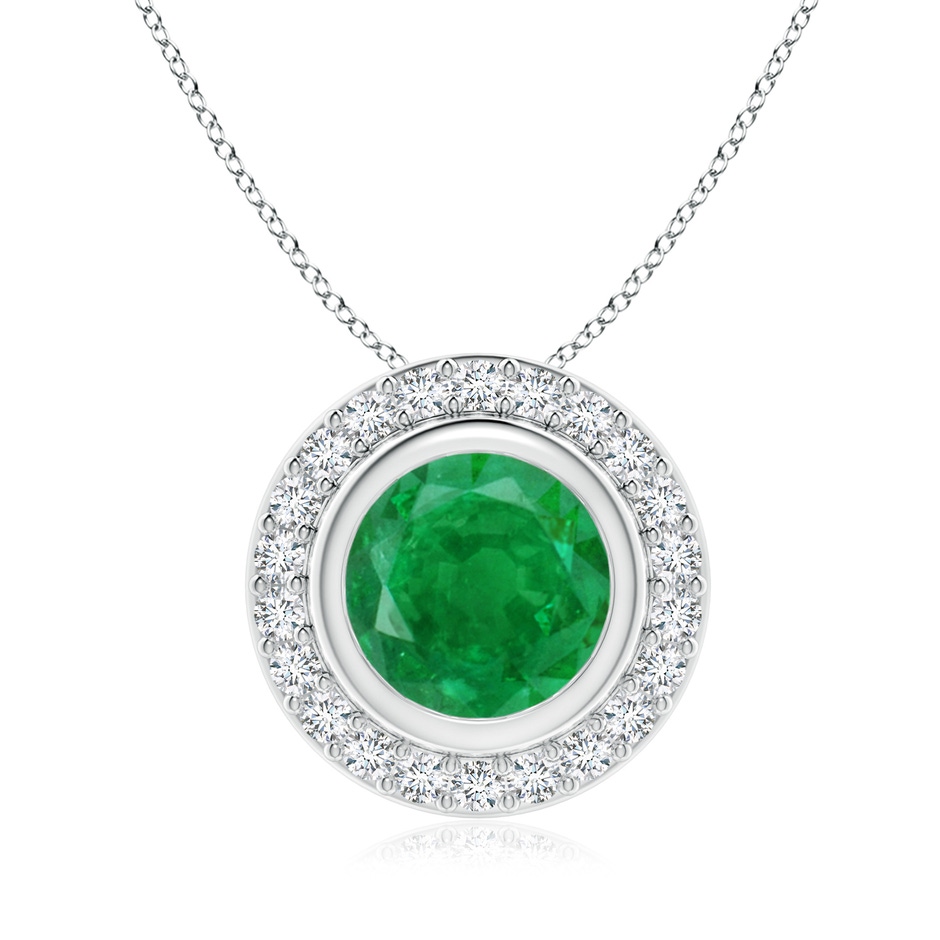 8mm AA Round Bezel-Set Emerald Pendant with Diamond Halo in White Gold 