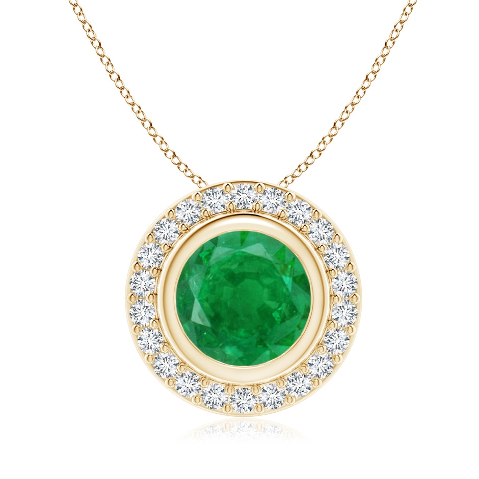 8mm AA Round Bezel-Set Emerald Pendant with Diamond Halo in Yellow Gold 