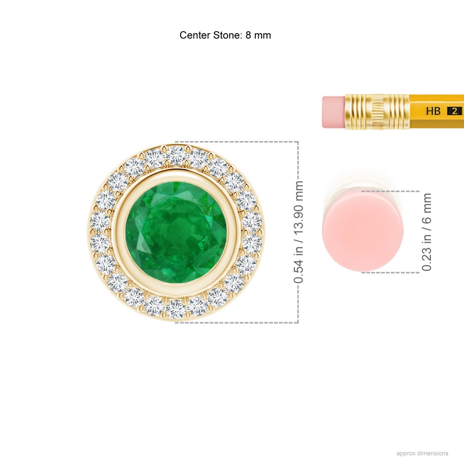 8mm AA Round Bezel-Set Emerald Pendant with Diamond Halo in Yellow Gold ruler