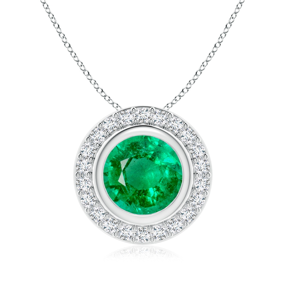 8mm AAA Round Bezel-Set Emerald Pendant with Diamond Halo in P950 Platinum 