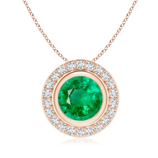 8mm AAA Round Bezel-Set Emerald Pendant with Diamond Halo in Rose Gold