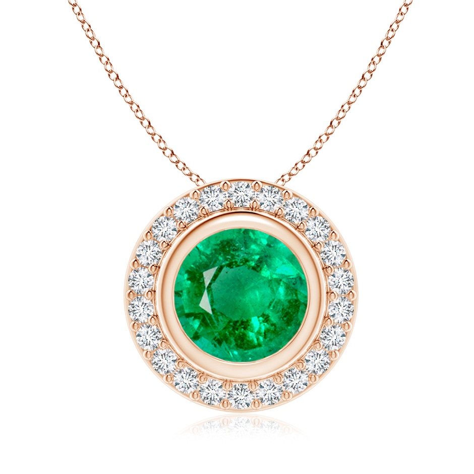 8mm AAA Round Bezel-Set Emerald Pendant with Diamond Halo in Rose Gold 