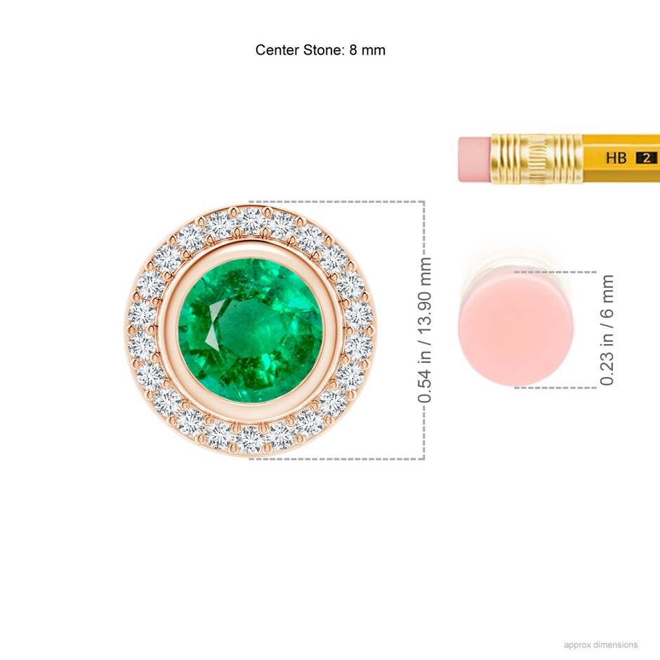 8mm AAA Round Bezel-Set Emerald Pendant with Diamond Halo in Rose Gold ruler