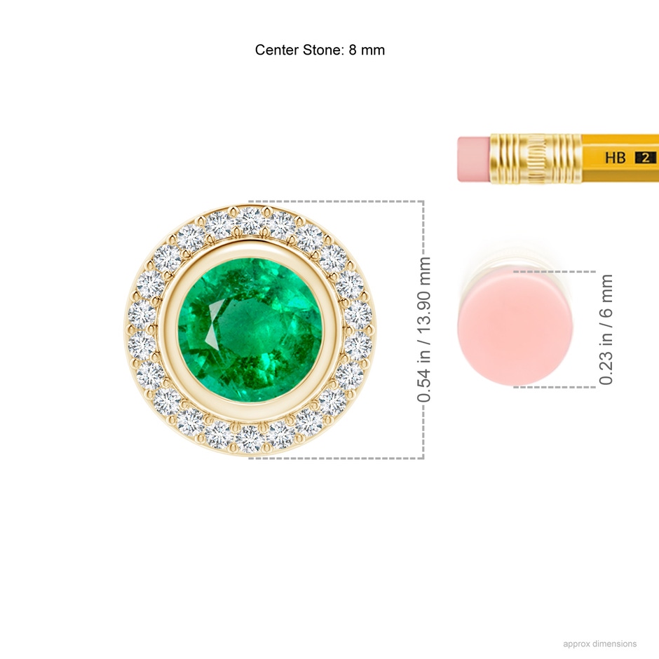8mm AAA Round Bezel-Set Emerald Pendant with Diamond Halo in Yellow Gold ruler