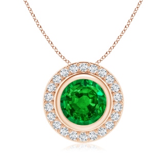 8mm AAAA Round Bezel-Set Emerald Pendant with Diamond Halo in 9K Rose Gold