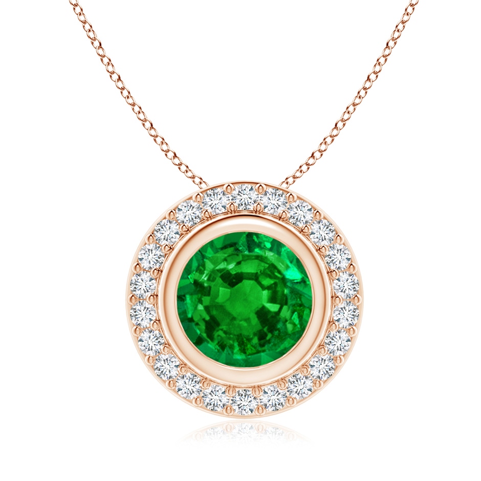 8mm AAAA Round Bezel-Set Emerald Pendant with Diamond Halo in Rose Gold 