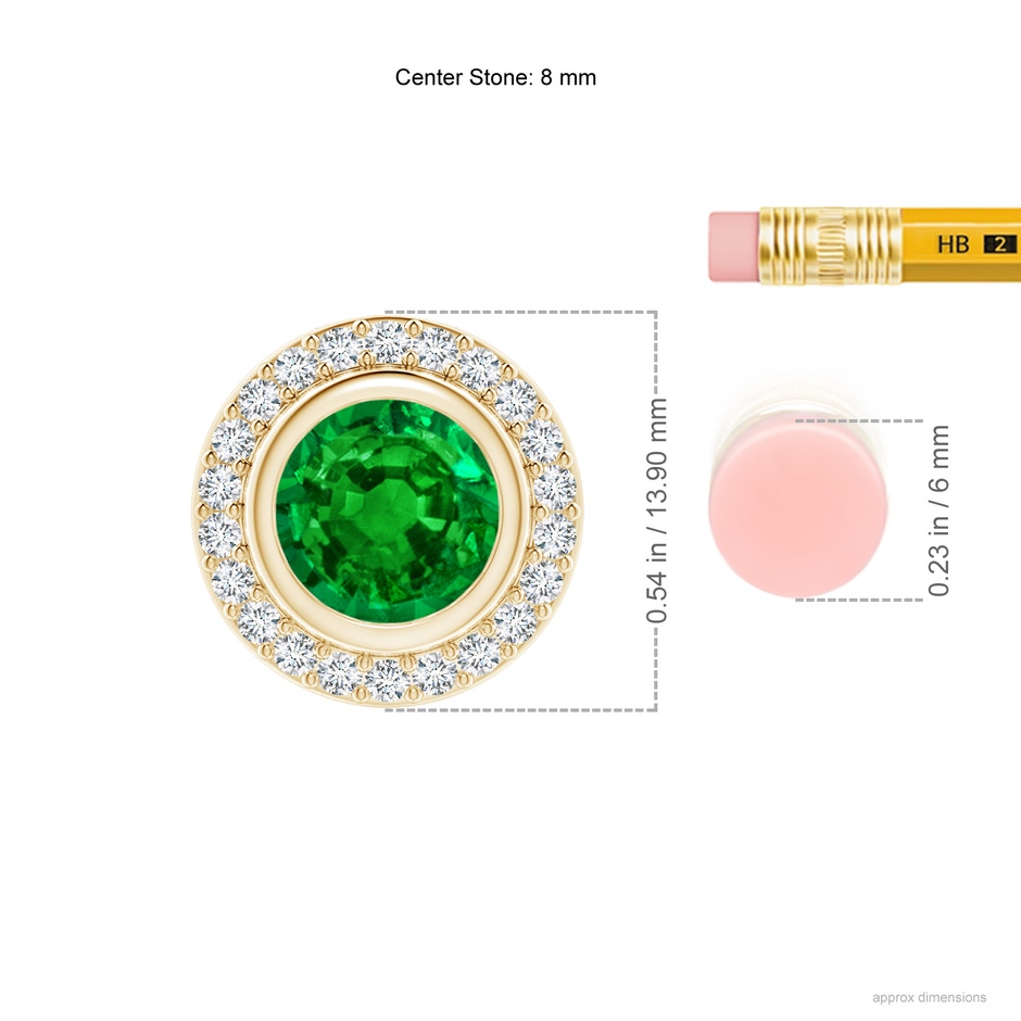 8mm AAAA Round Bezel-Set Emerald Pendant with Diamond Halo in Yellow Gold ruler