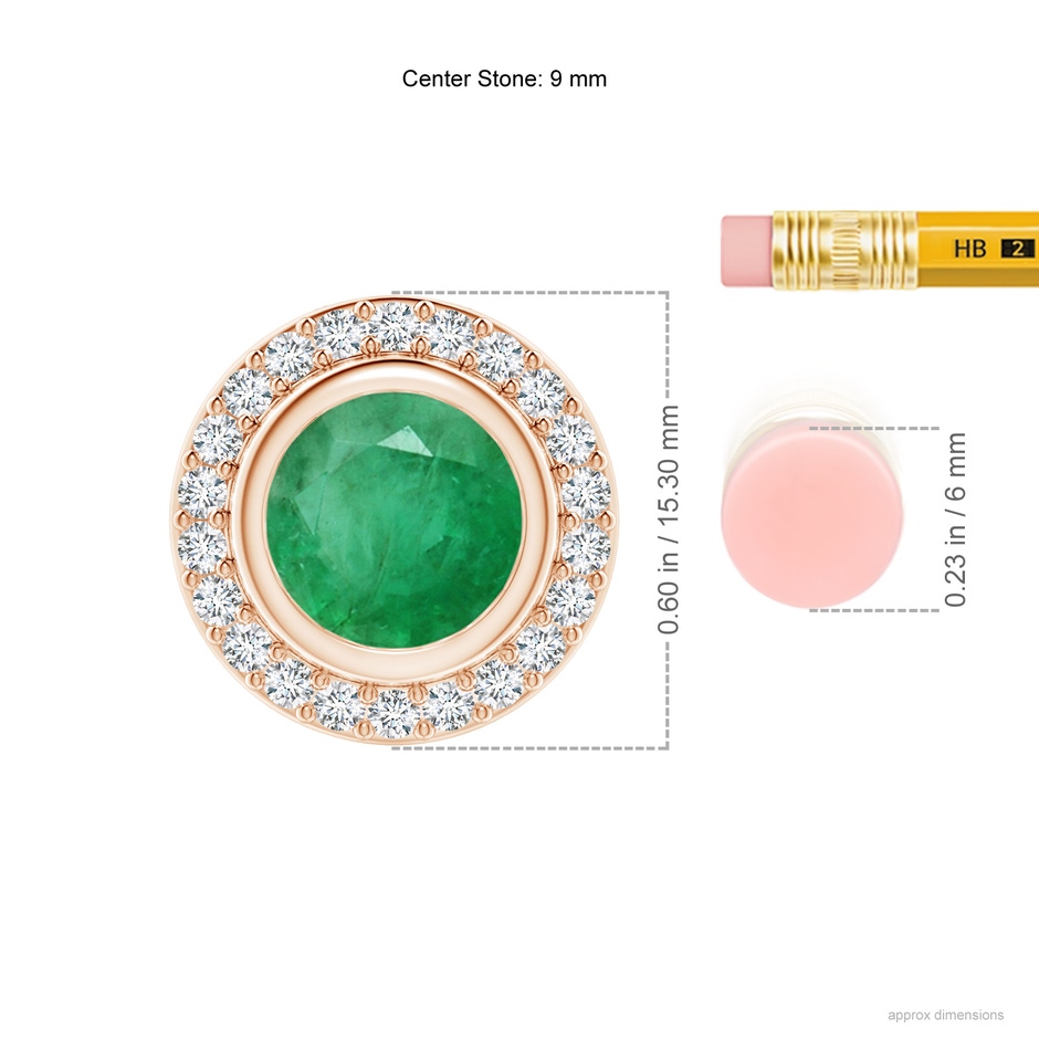 9mm A Round Bezel-Set Emerald Pendant with Diamond Halo in Rose Gold ruler