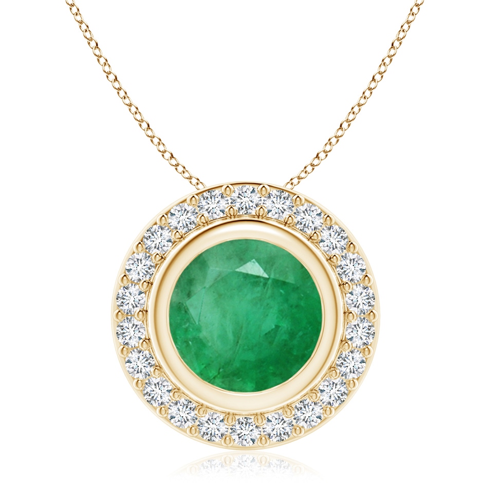 9mm A Round Bezel-Set Emerald Pendant with Diamond Halo in Yellow Gold 