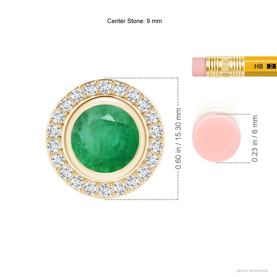 9mm A Round Bezel-Set Emerald Pendant with Diamond Halo in Yellow Gold ruler