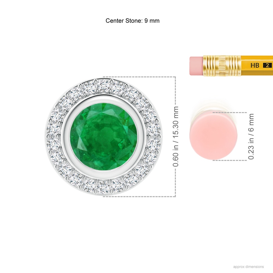 9mm AA Round Bezel-Set Emerald Pendant with Diamond Halo in White Gold ruler