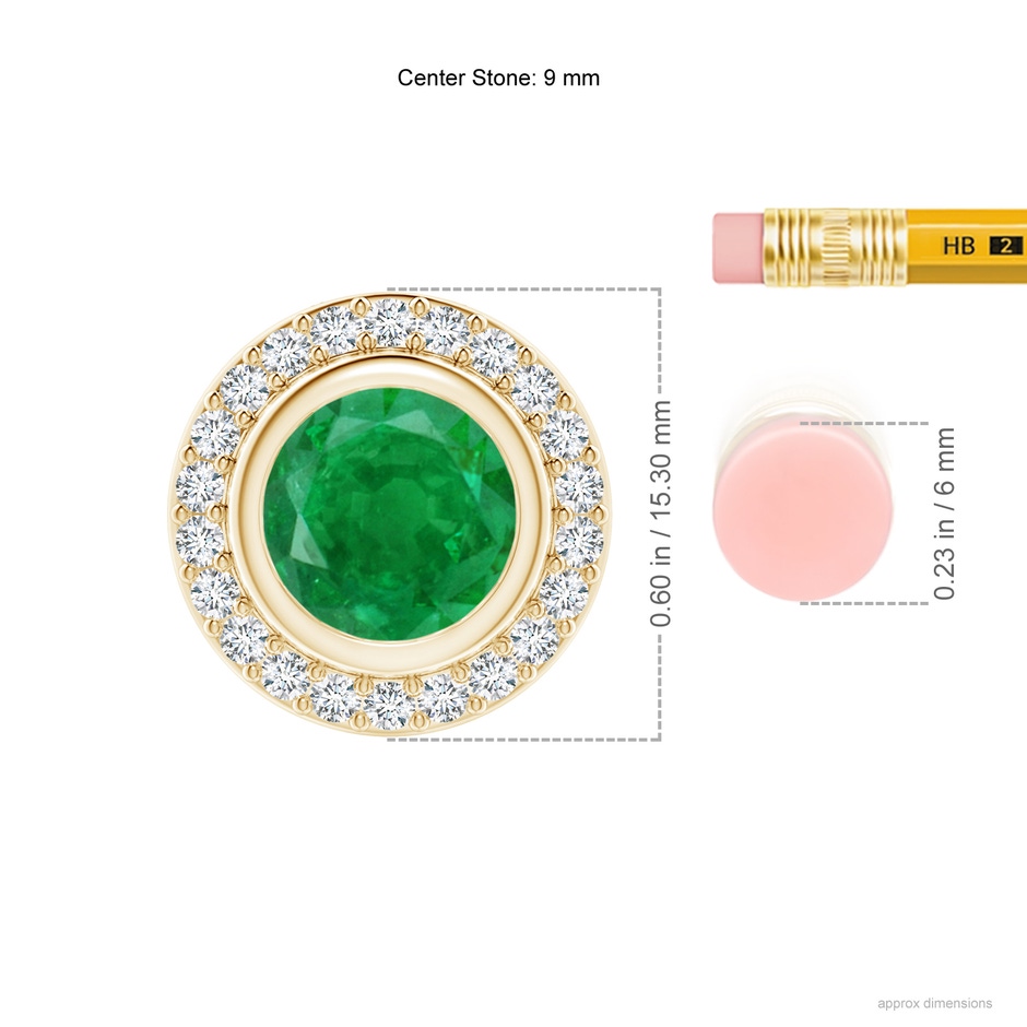 9mm AA Round Bezel-Set Emerald Pendant with Diamond Halo in Yellow Gold ruler