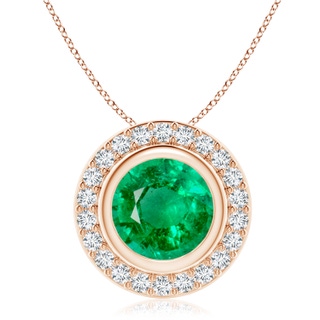 9mm AAA Round Bezel-Set Emerald Pendant with Diamond Halo in 9K Rose Gold