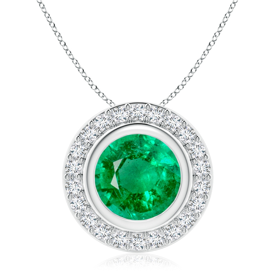 9mm AAA Round Bezel-Set Emerald Pendant with Diamond Halo in P950 Platinum 