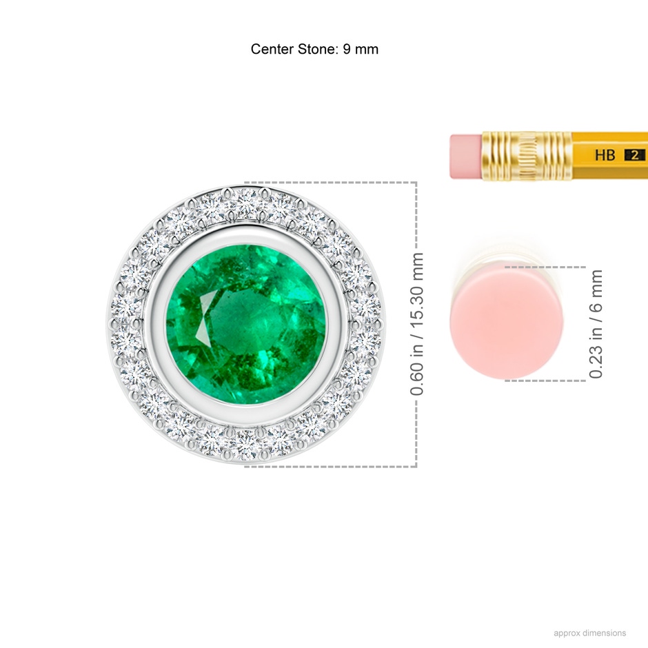 9mm AAA Round Bezel-Set Emerald Pendant with Diamond Halo in P950 Platinum ruler