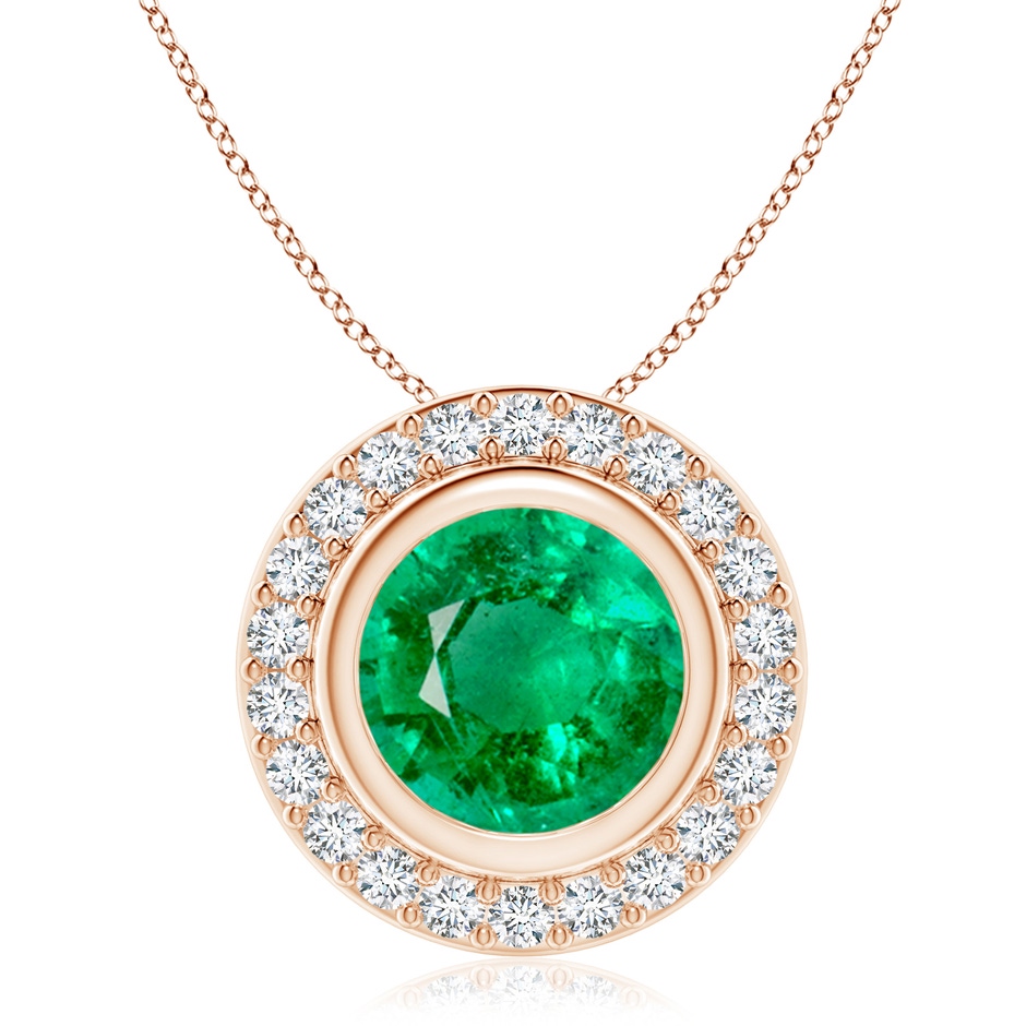 9mm AAA Round Bezel-Set Emerald Pendant with Diamond Halo in Rose Gold 
