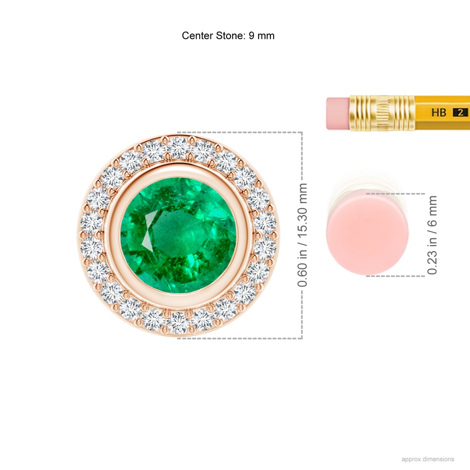 9mm AAA Round Bezel-Set Emerald Pendant with Diamond Halo in Rose Gold ruler
