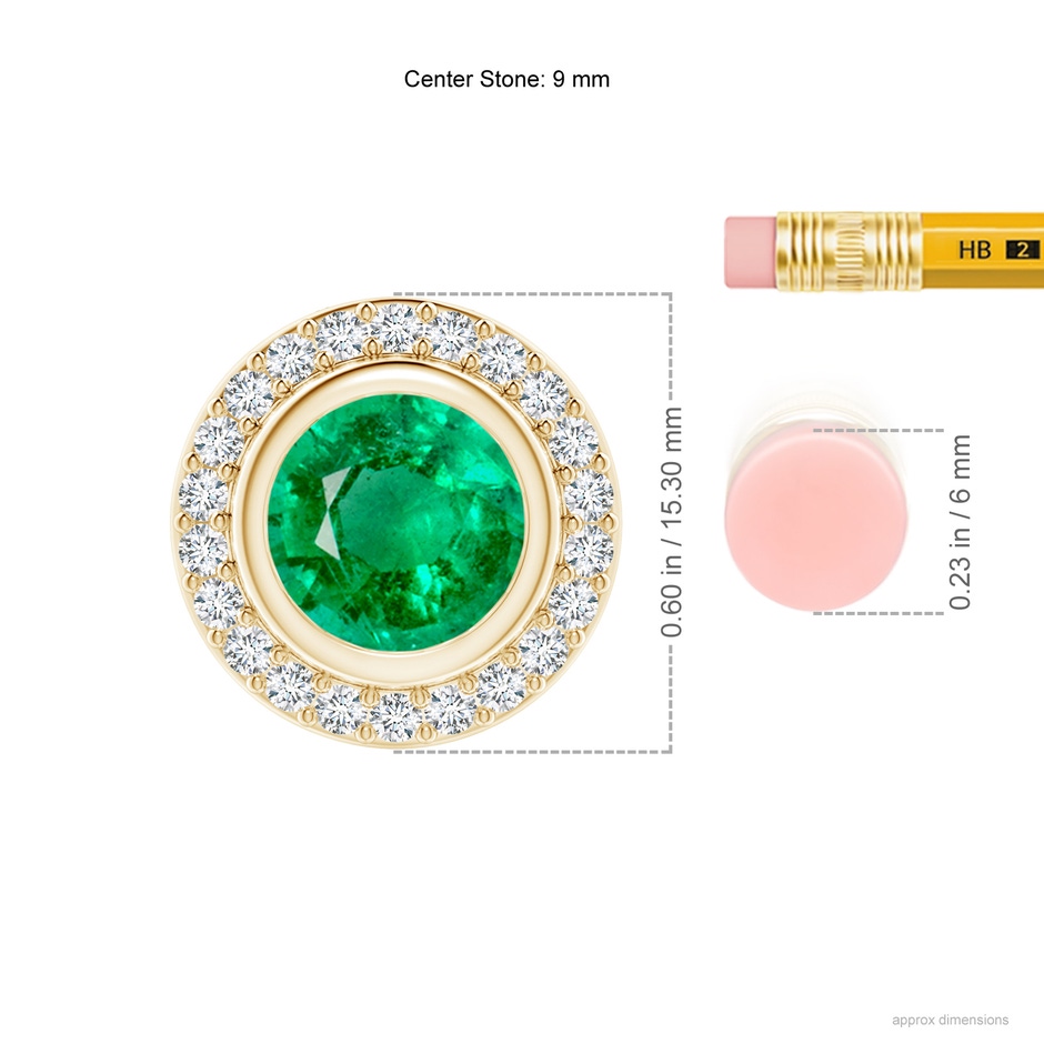9mm AAA Round Bezel-Set Emerald Pendant with Diamond Halo in Yellow Gold ruler