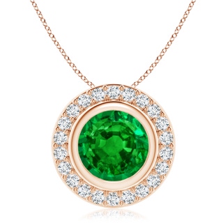 9mm AAAA Round Bezel-Set Emerald Pendant with Diamond Halo in 10K Rose Gold