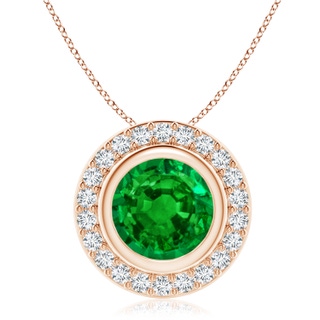 9mm AAAA Round Bezel-Set Emerald Pendant with Diamond Halo in 18K Rose Gold