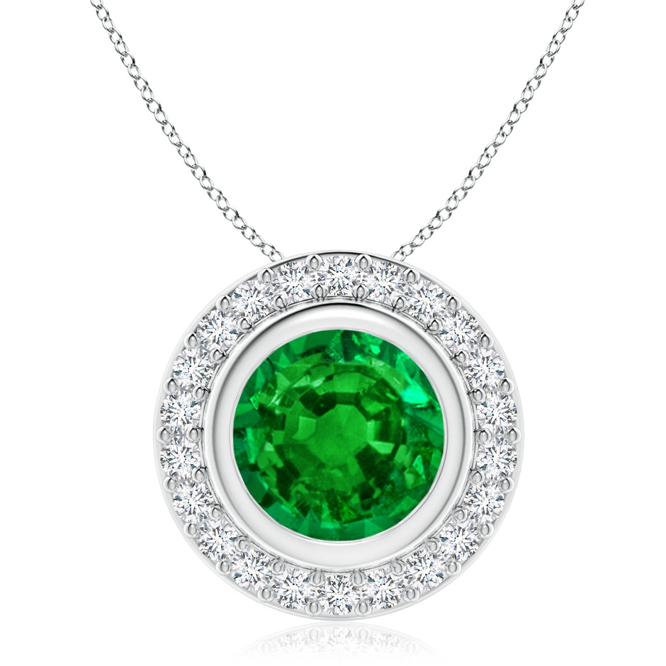 9mm AAAA Round Bezel-Set Emerald Pendant with Diamond Halo in P950 Platinum 