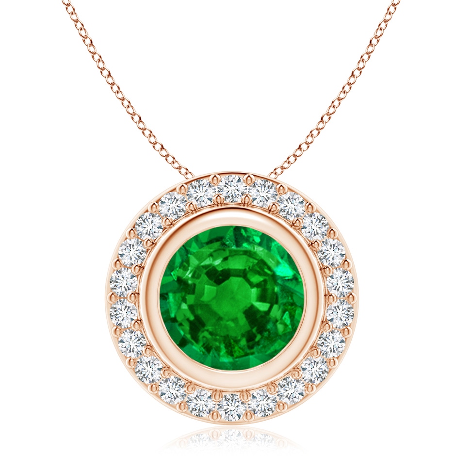 9mm AAAA Round Bezel-Set Emerald Pendant with Diamond Halo in Rose Gold 