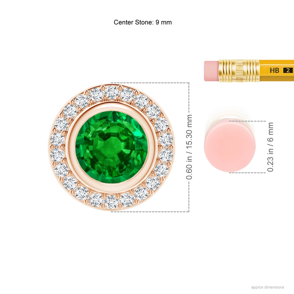 9mm AAAA Round Bezel-Set Emerald Pendant with Diamond Halo in Rose Gold ruler