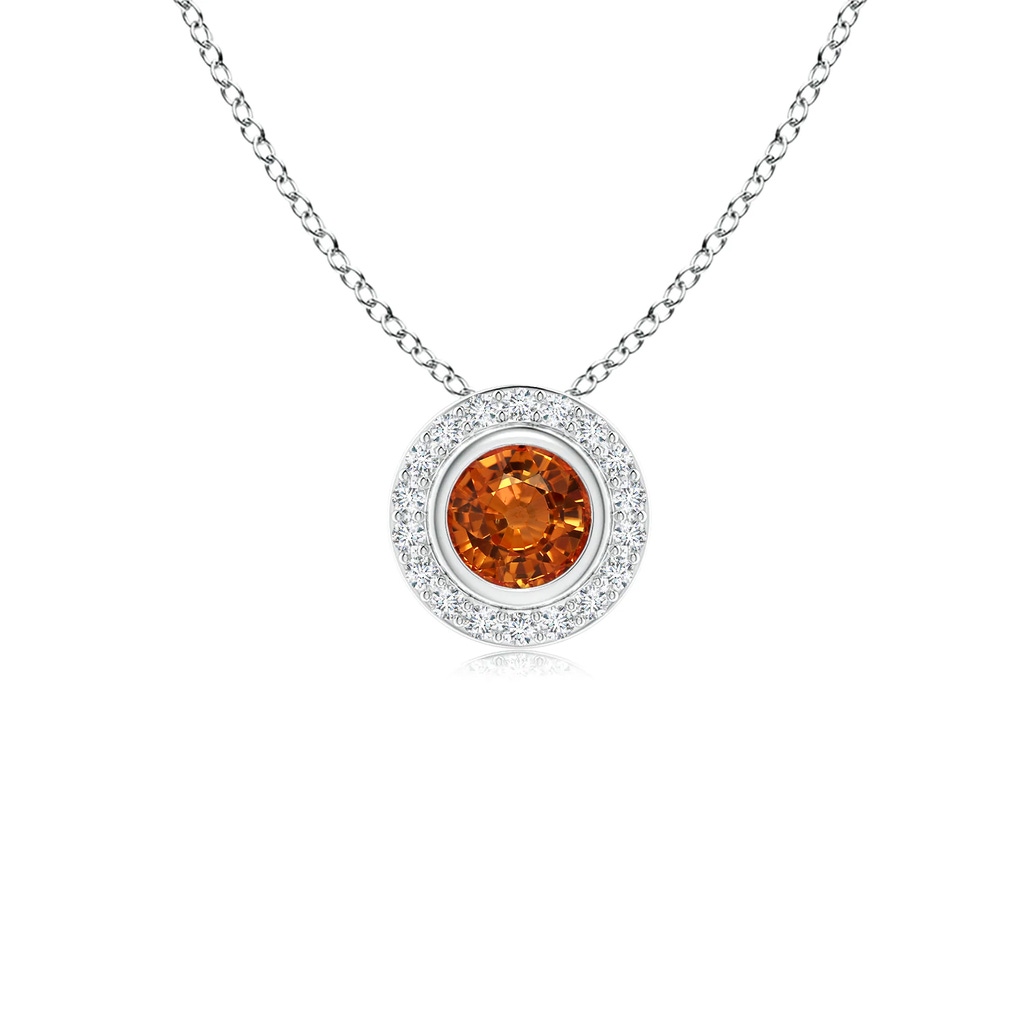 4mm AAAA Round Bezel-Set Orange Sapphire Pendant with Diamond Halo in P950 Platinum