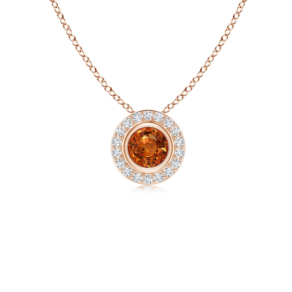 4mm AAAA Round Bezel-Set Orange Sapphire Pendant with Diamond Halo in Rose Gold