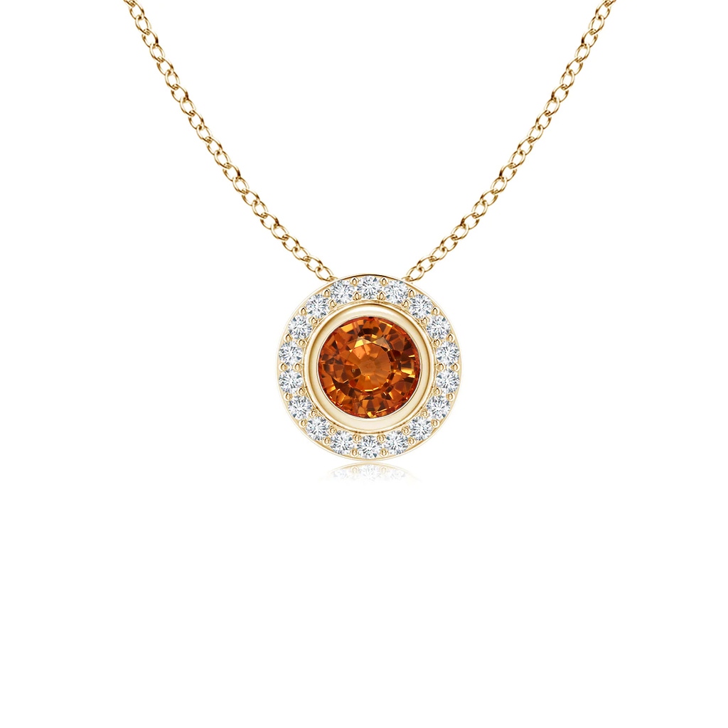 4mm AAAA Round Bezel-Set Orange Sapphire Pendant with Diamond Halo in Yellow Gold