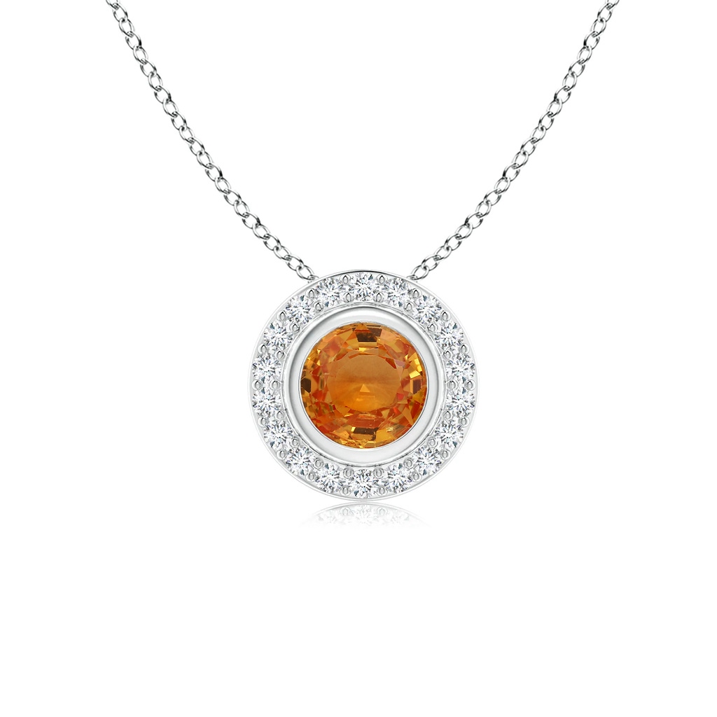 5mm AAA Round Bezel-Set Orange Sapphire Pendant with Diamond Halo in White Gold