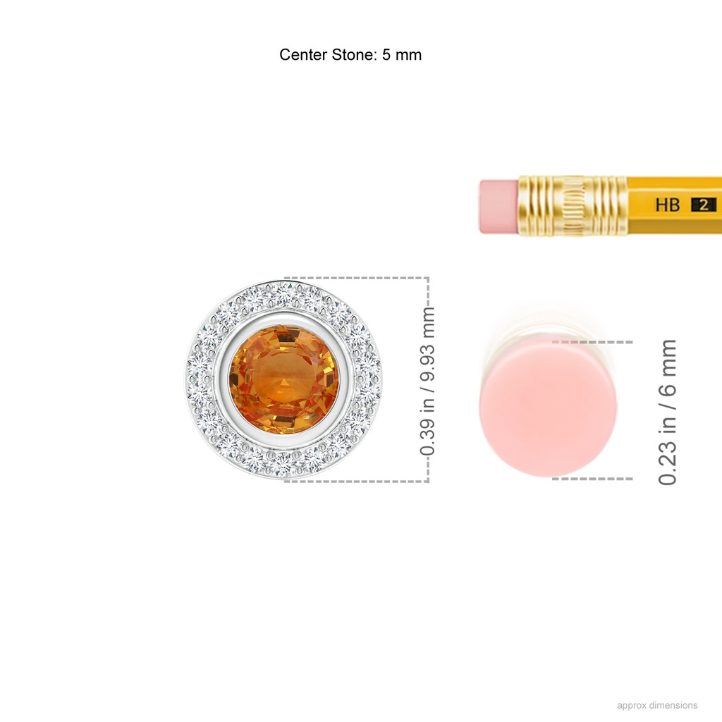 5mm AAA Round Bezel-Set Orange Sapphire Pendant with Diamond Halo in White Gold Ruler