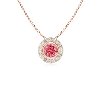 4mm AAAA Round Bezel-Set Fancy Intense Pink Diamond Pendant with Halo in 9K Rose Gold