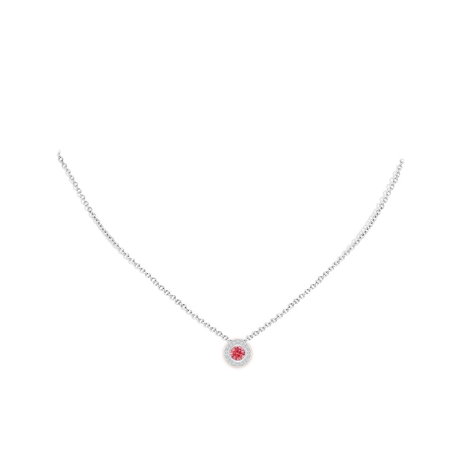 5mm AAAA Round Bezel-Set Fancy Intense Pink Diamond Pendant with Halo in P950 Platinum pen