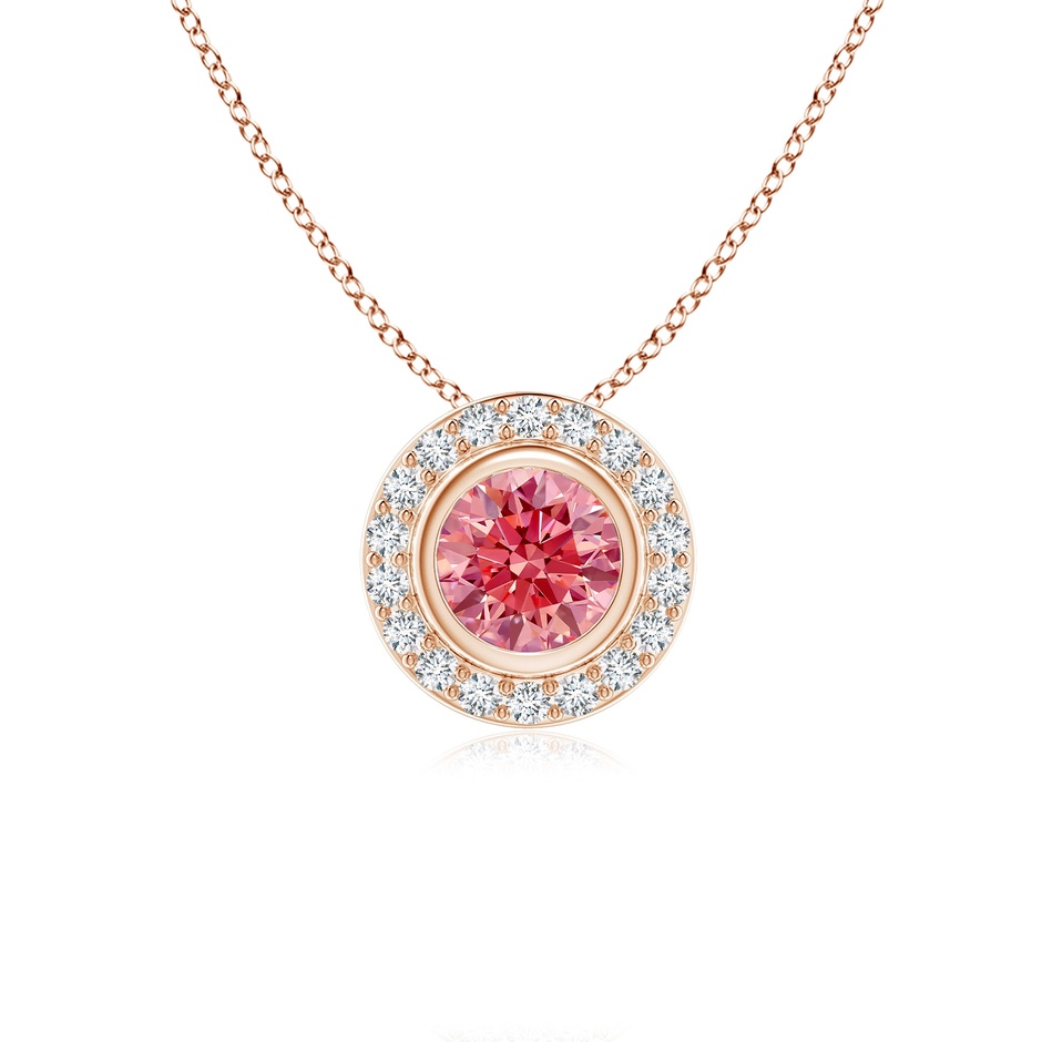 5mm AAAA Round Bezel-Set Fancy Intense Pink Diamond Pendant with Halo in Rose Gold 