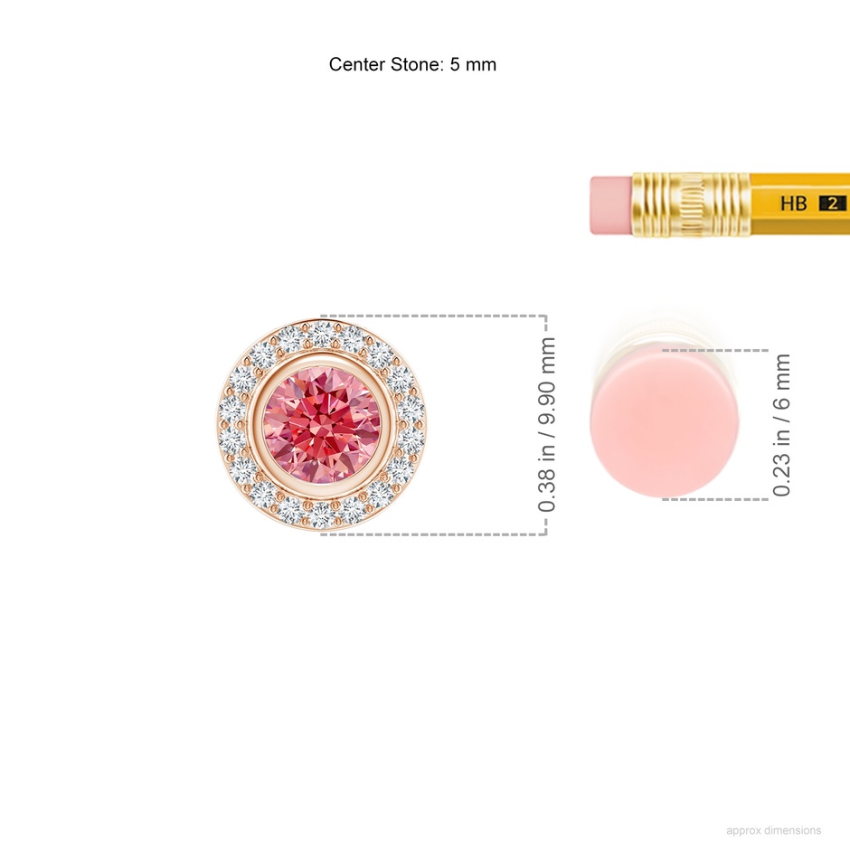5mm AAAA Round Bezel-Set Fancy Intense Pink Diamond Pendant with Halo in Rose Gold ruler