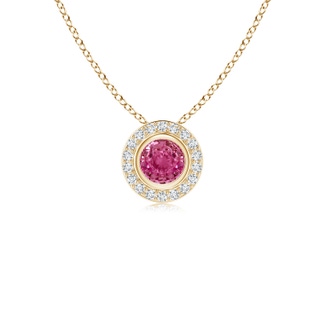 4mm AAAA Round Bezel-Set Pink Sapphire Pendant with Diamond Halo in Yellow Gold