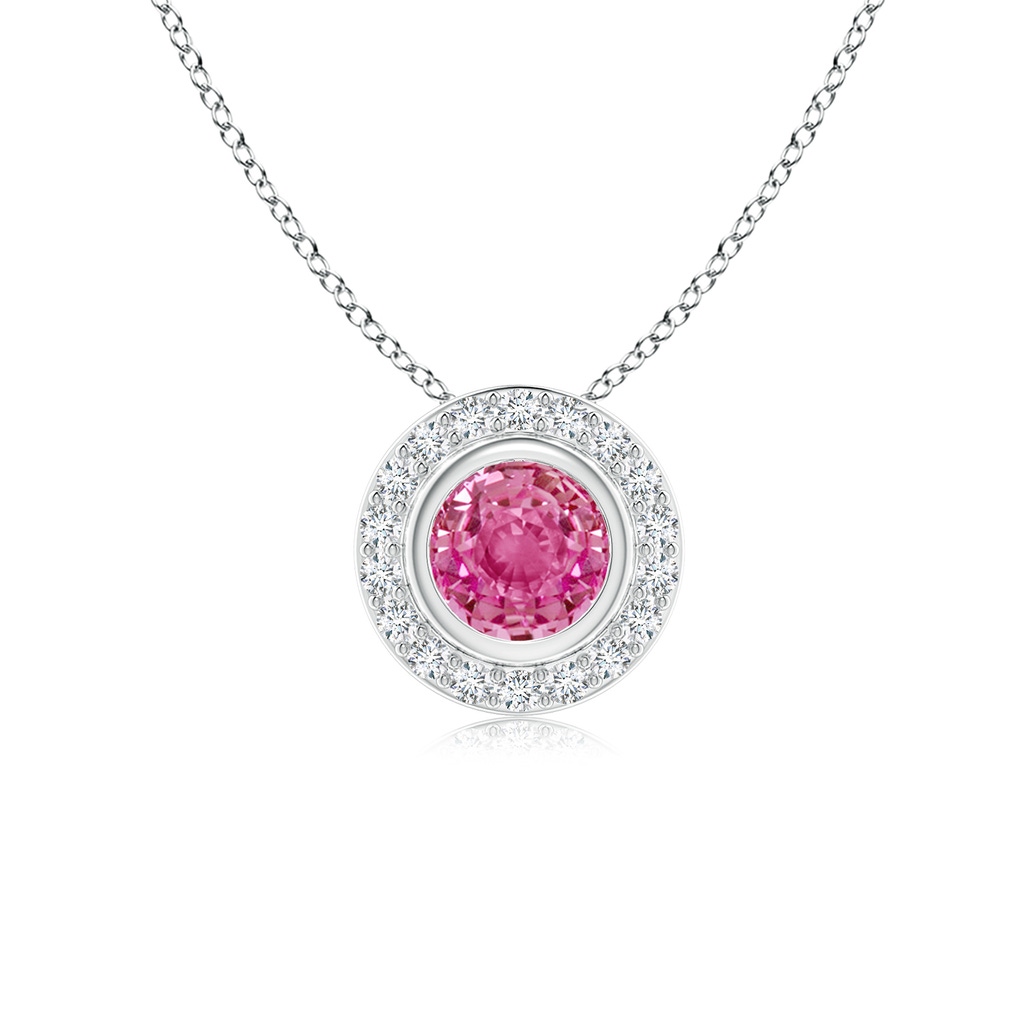 5mm AAA Round Bezel-Set Pink Sapphire Pendant with Diamond Halo in White Gold