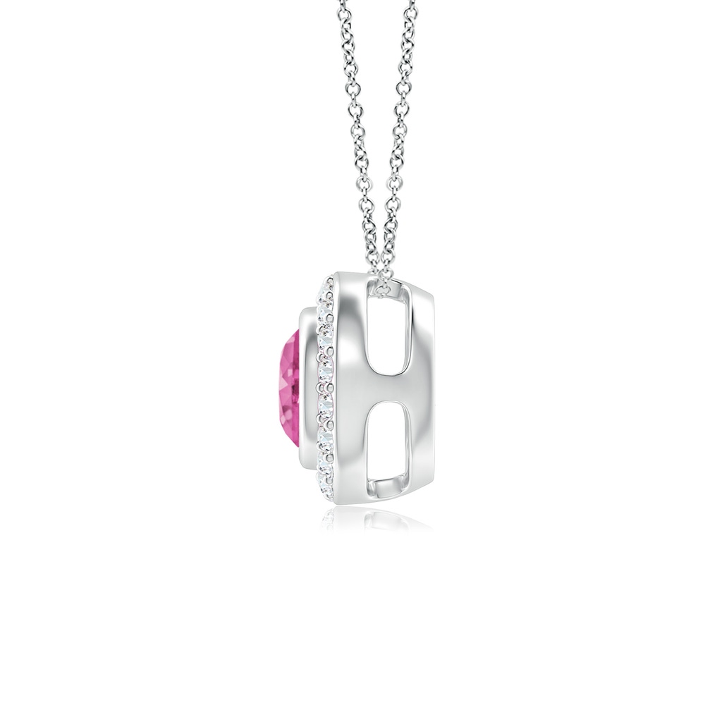5mm AAA Round Bezel-Set Pink Sapphire Pendant with Diamond Halo in White Gold Side 1