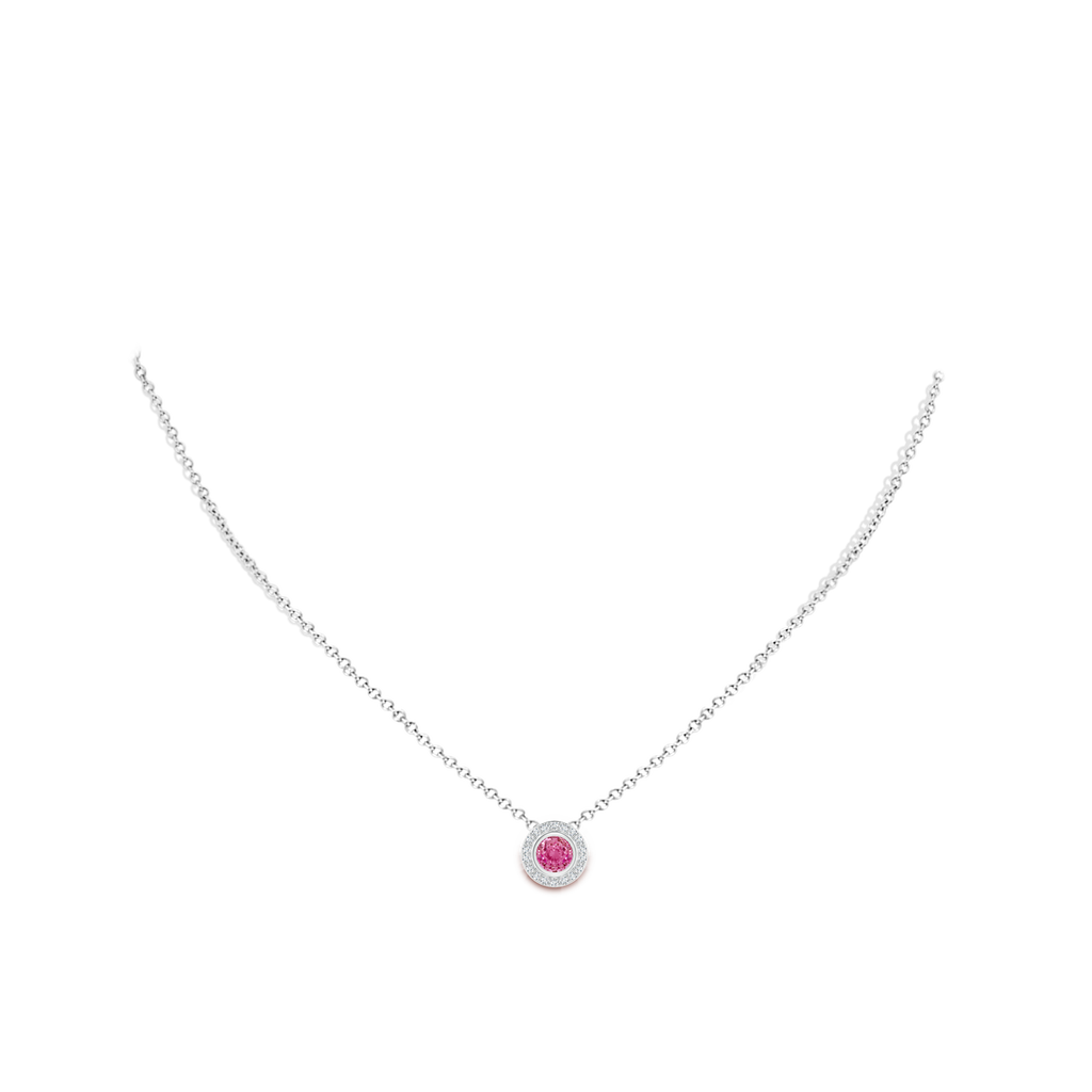 5mm AAA Round Bezel-Set Pink Sapphire Pendant with Diamond Halo in White Gold Body-Neck