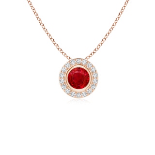 4mm AAA Round Bezel-Set Ruby Pendant with Diamond Halo in Rose Gold