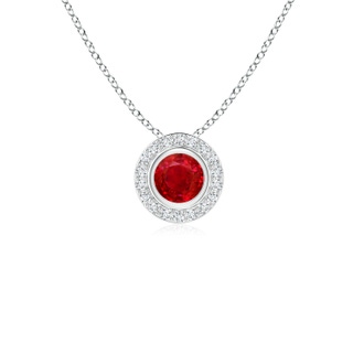 4mm AAA Round Bezel-Set Ruby Pendant with Diamond Halo in White Gold