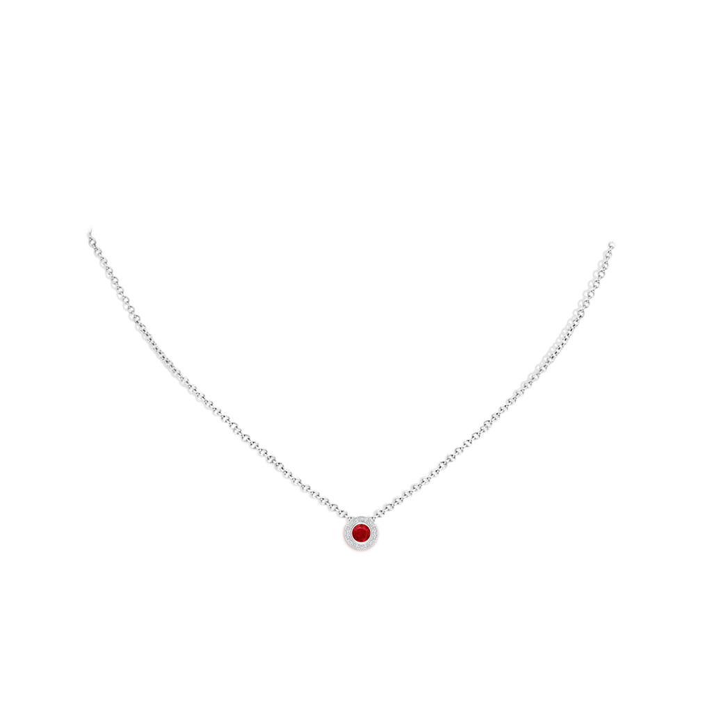 4mm AAA Round Bezel-Set Ruby Pendant with Diamond Halo in White Gold pen
