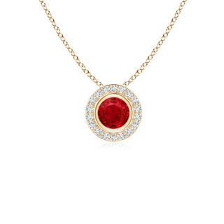 4mm AAA Round Bezel-Set Ruby Pendant with Diamond Halo in Yellow Gold