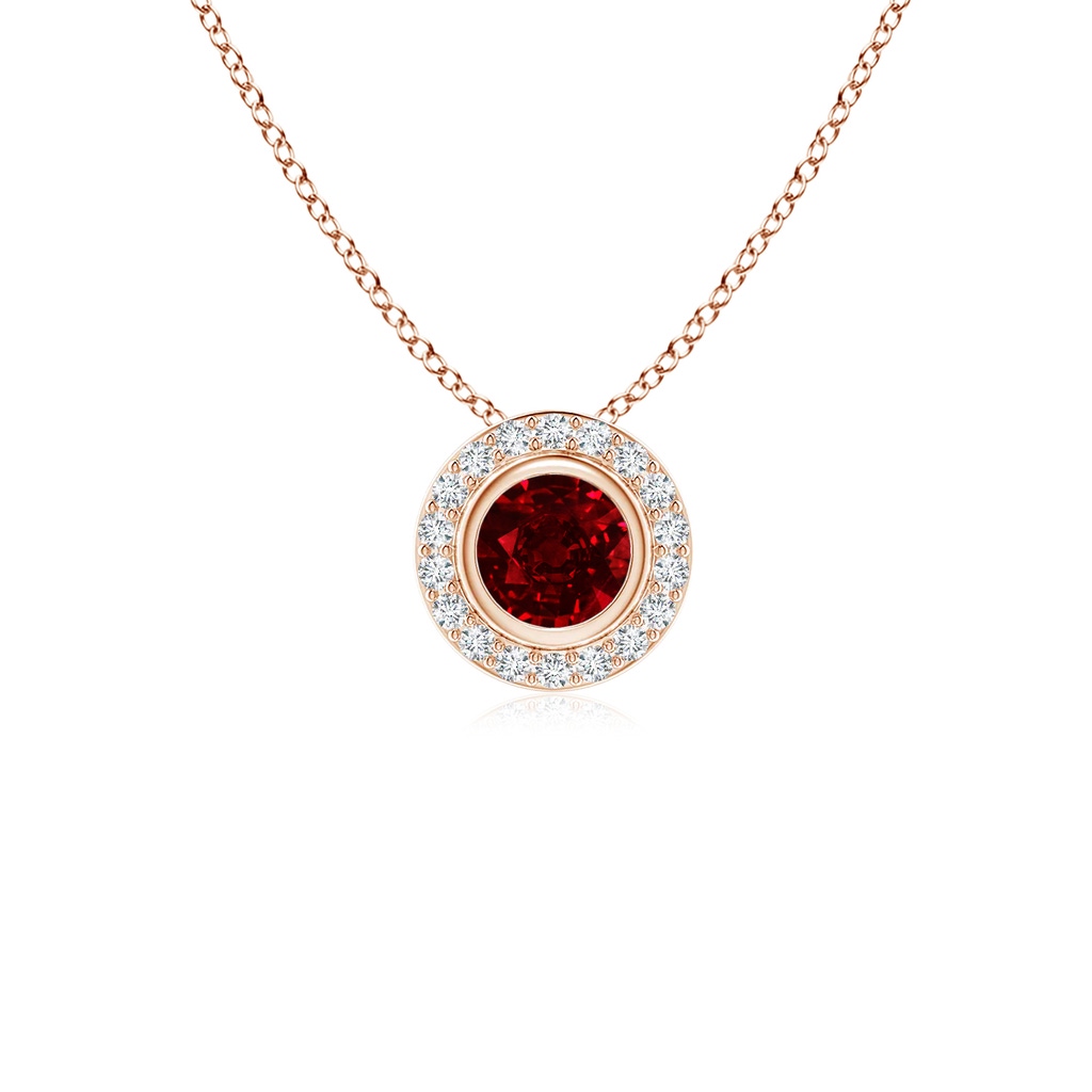 4mm AAAA Round Bezel-Set Ruby Pendant with Diamond Halo in 18K Rose Gold