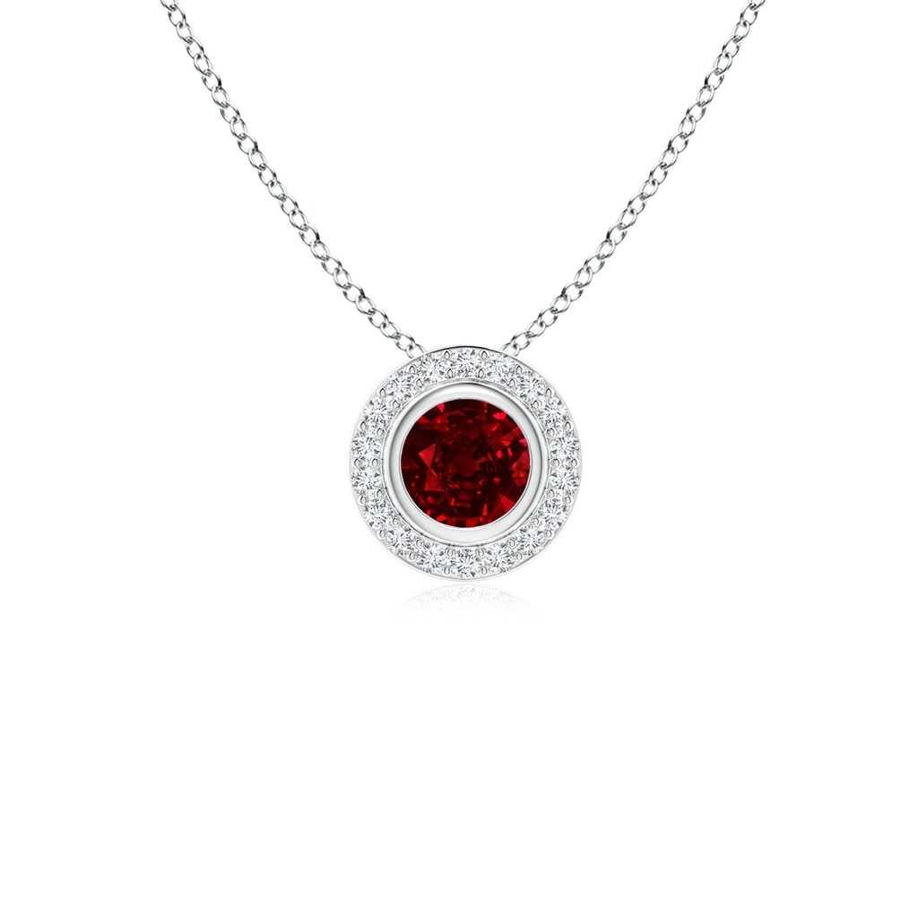 4mm AAAA Round Bezel-Set Ruby Pendant with Diamond Halo in P950 Platinum