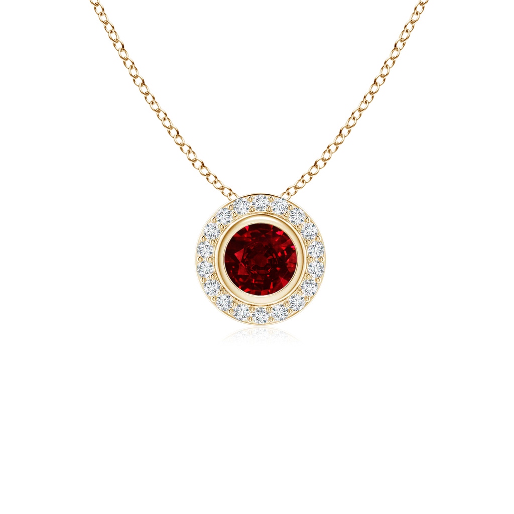 4mm AAAA Round Bezel-Set Ruby Pendant with Diamond Halo in Yellow Gold